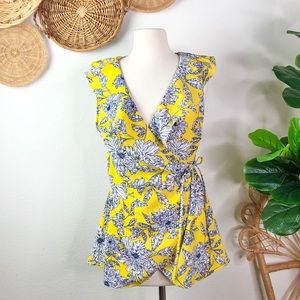 Japna • Yellow and blue floral lace up Blouse NWOT